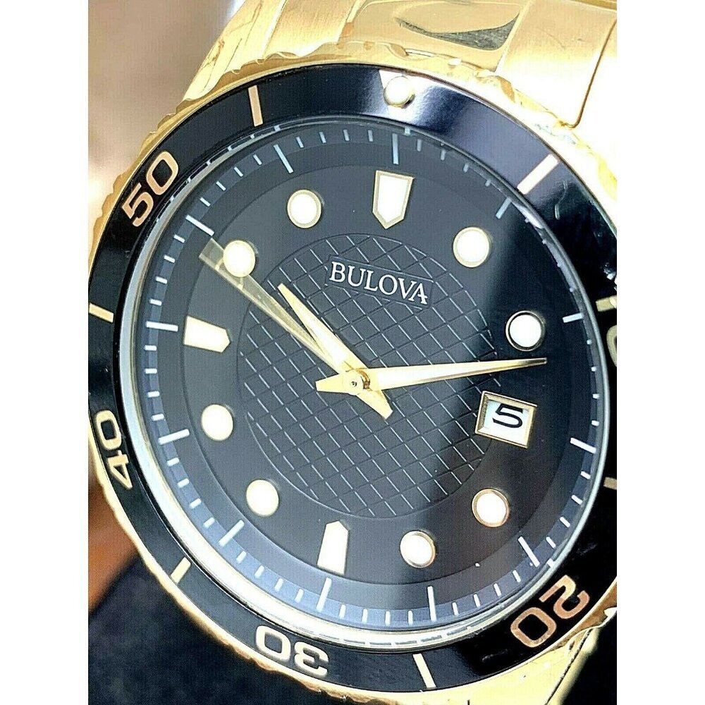 Bulova Men's Watch 98B375 Quartz Black Dial Date Gold Stainless Steel 43…